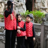 马上有钱姐弟国风马甲亲子装 现货LOVELY BABY 仿漳绒铜钱纹单马甲