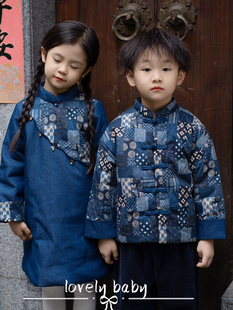 冬-LOVELY BABY 蓝印花姐弟装女童年服旗袍男童对襟汉服套装