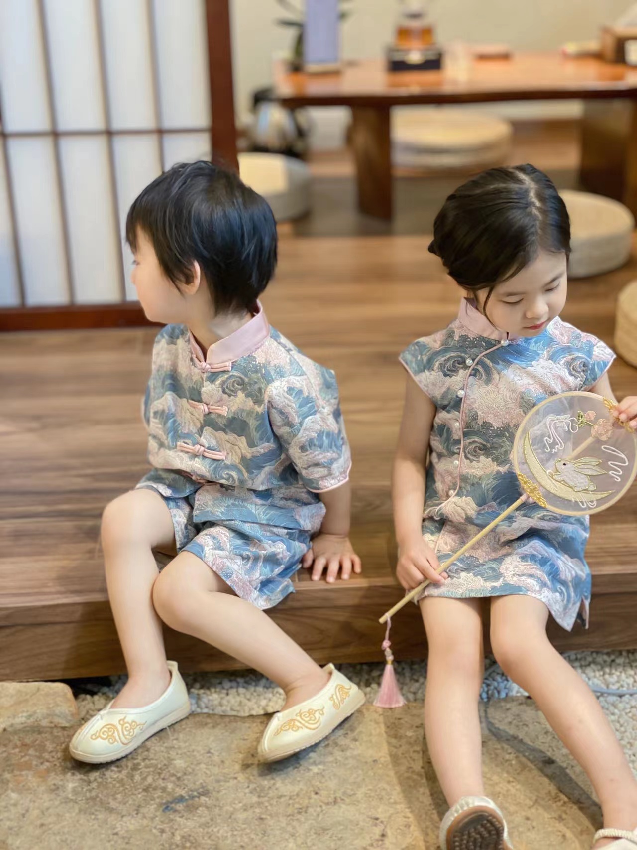 女宝姐弟春夏新款海浪旗袍儿童