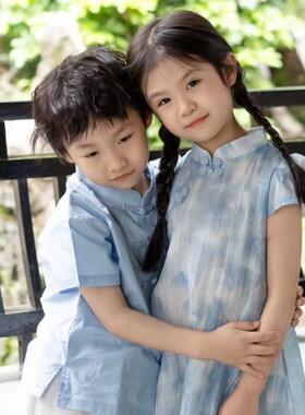 LOVELY BABY-姐弟装夏季新款女童蓝色晕染旗袍连衣裙男童短袖