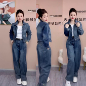 女装 显瘦气质修身 春秋季 翻领外套阔腿裤 显瘦两件套 新款 牛仔风套装