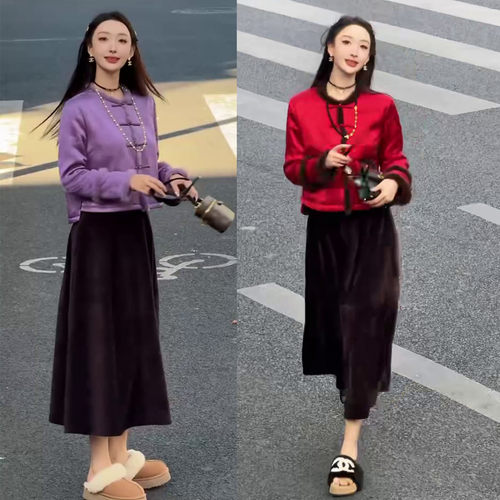 新中式盘扣短棉服裙子两件套女