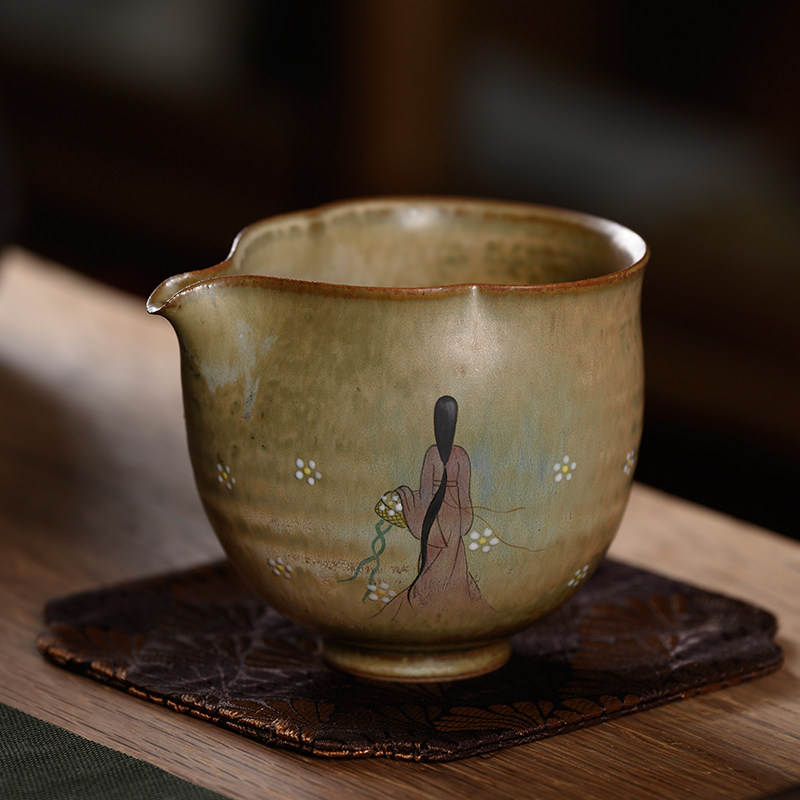 手绘公道杯仕女图手工陶瓷功夫茶道复古茶海配件分茶器茶漏杯家用