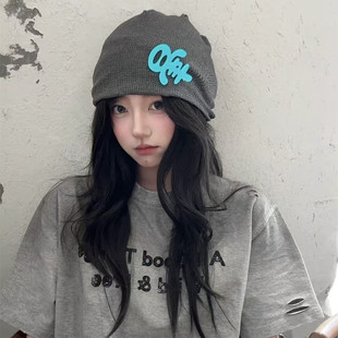 日系慵懒风宽松针织堆堆帽女大头显脸小网红辣妹外出时髦包头冷帽