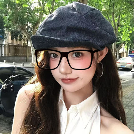 艺术生造型日系复古褶皱丹宁牛仔八角贝雷帽女显脸小报童前进帽子