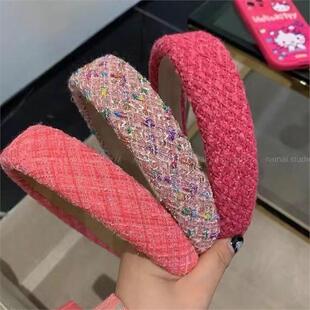 芭比风色系~火龙果色发箍小香风粗花呢格子高颅顶头箍小众玫红色