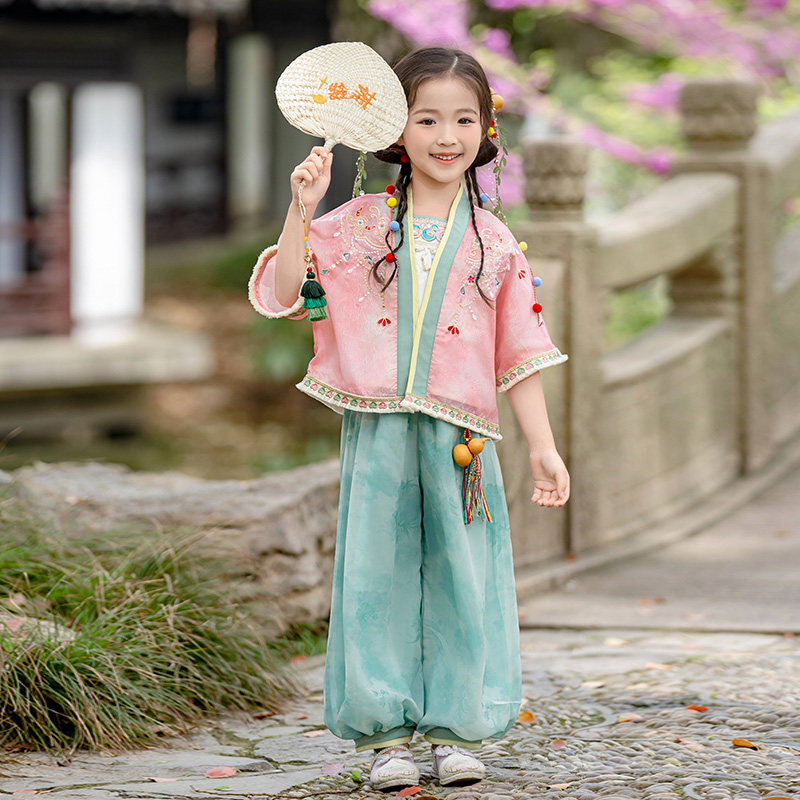 女童汉服2025年中国风夏季新款新中式小女孩长袖长裤宋代三件套装