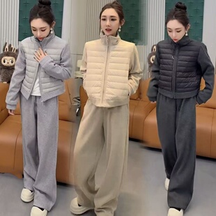 韩版保暖套装女2025冬季新款拼接减龄排骨棉服加绒阔腿裤两件套潮