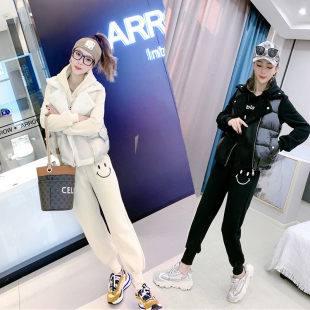 加绒加厚卫衣运动套装 洋气休闲笑脸棉服马甲三件套 女2024秋冬时尚