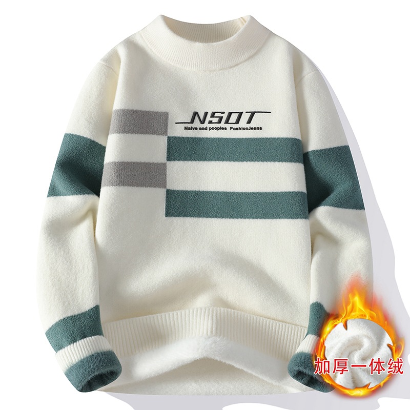 毛衣男款秋冬季潮牌圆领套头打底衫加绒加厚保暖衣服新款针织衫男