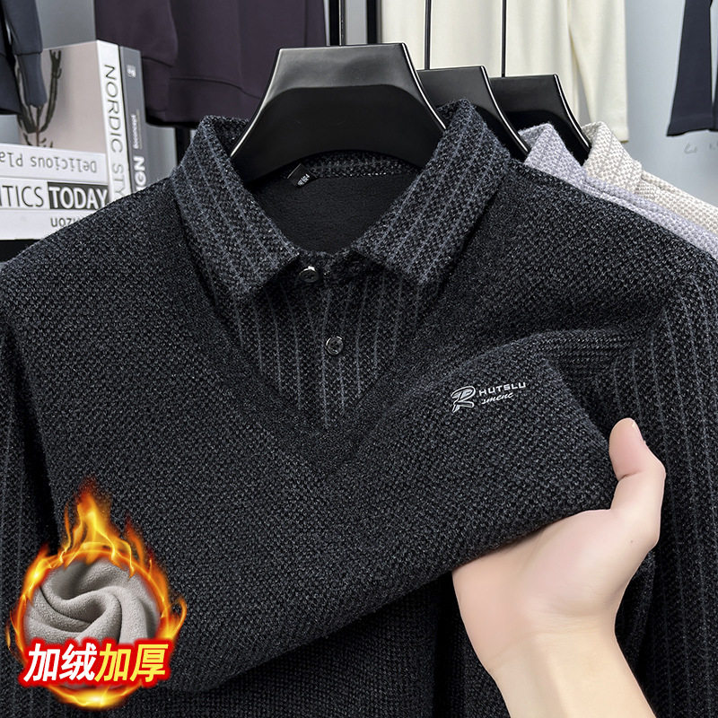 2025新款春秋季男士假两件加绒打底衫商务加厚衬衫领长袖卫衣T恤