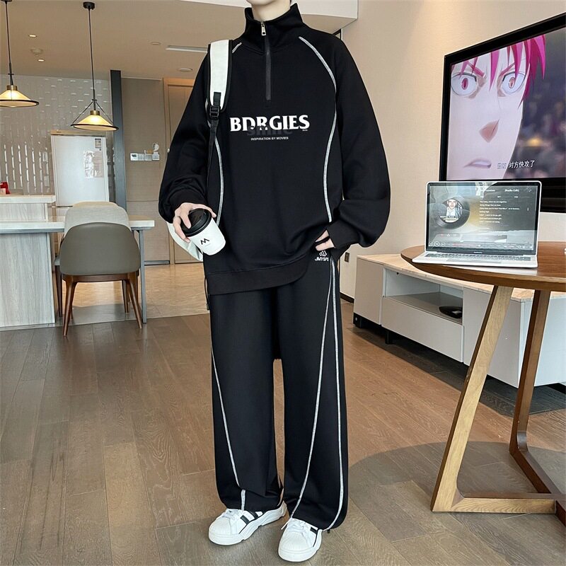美式条纹卫衣套装男春秋装穿搭一整套青少年休闲大码运动外套裤子
