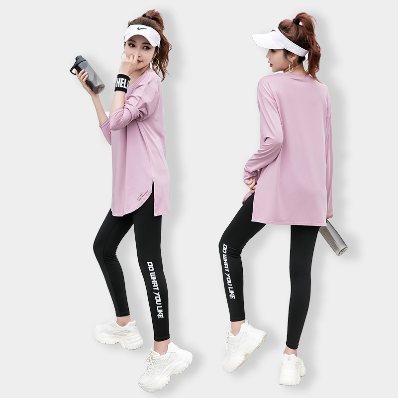 瑜伽服上衣女春夏长袖大码胖mm宽松过臀中长款跑步运动速干健身衣