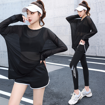 瑜伽服跑步运动套装女速干透气网纱健身罩衫户外防晒衫专业上衣夏