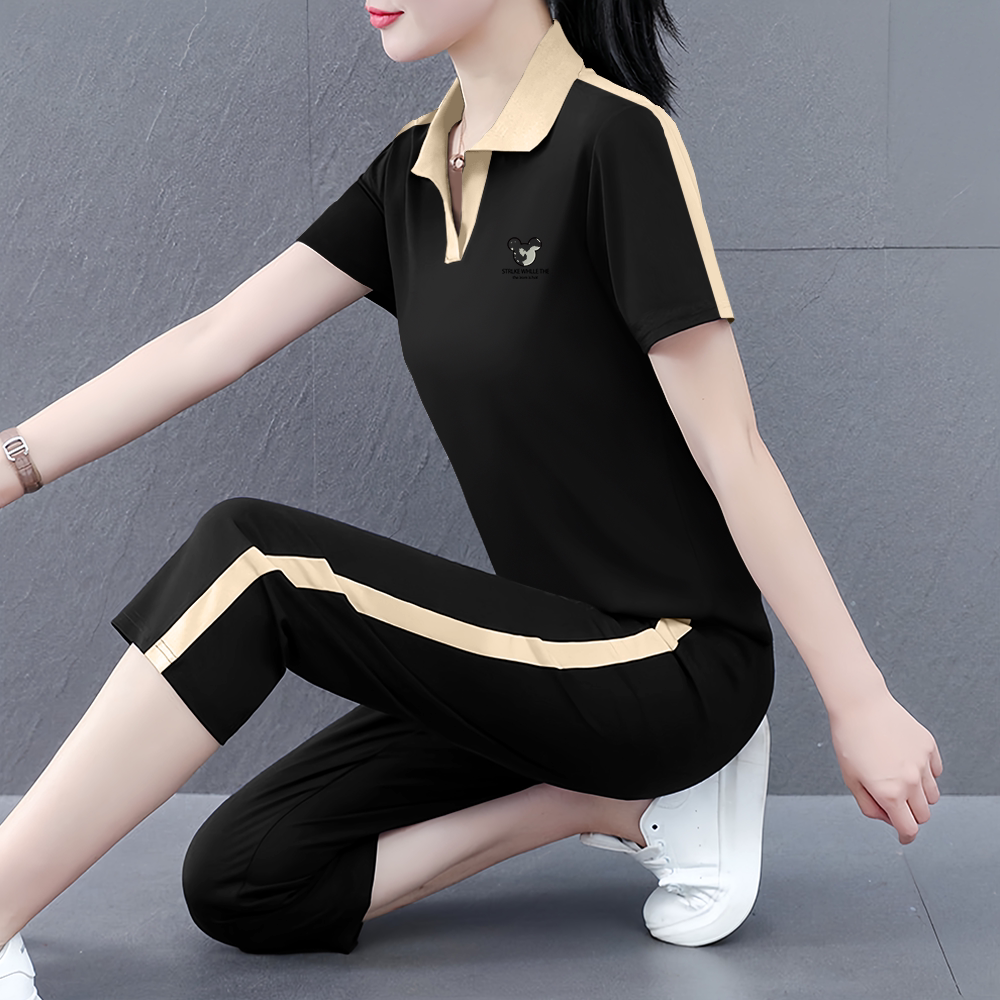 翻领通勤短袖两件套夏季2025新款女士休闲百搭时尚洋气运动服套装