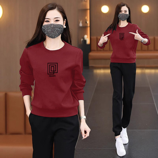 女百搭印花秋冬时尚 套装 洋气加绒加厚运动休闲两件套 卫衣长裤 韩版