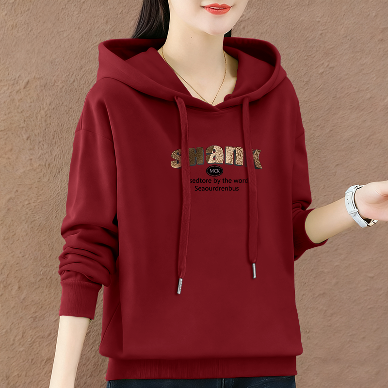 女士简约通勤百搭宽松连帽卫衣2025新款加绒加厚休闲百搭长袖上衣