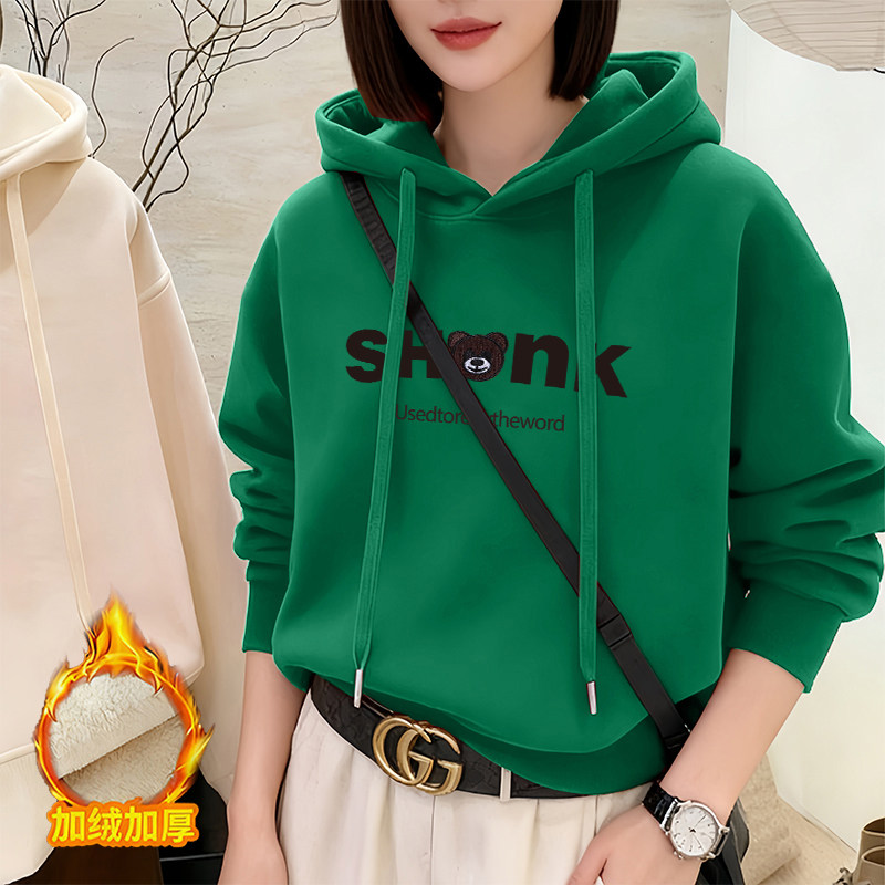 连帽中年卫衣女士加绒加厚宽松新款时尚洋气休闲通勤长袖上衣外套