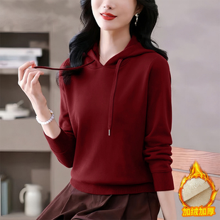 卫衣女士秋冬上衣外套 洋气加绒简约百搭加厚连帽宽松长袖 新款 时尚