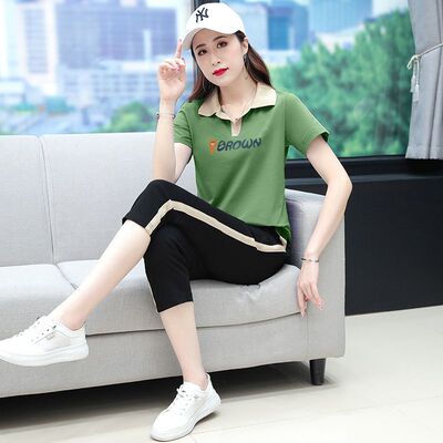 休闲运动套装女夏季新款洋气中年妈妈夏装短袖上衣七分裤两件套