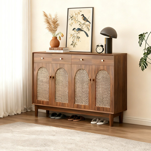 藤编鞋柜实木框家用门口玄关柜中古风复古收纳柜一体靠墙2025新款