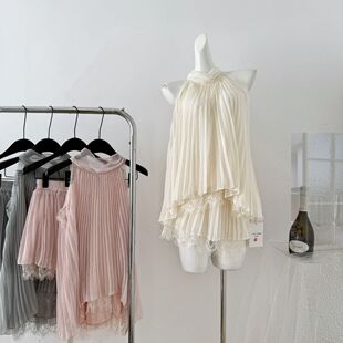 ifashion白云甜恋夏风情蕾丝挂脖无袖上衣女夏季雪纺套装两件套