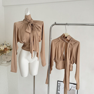 ifashion自制新款飘带衬衫女短款收腰修身秋季长袖小立领上衣