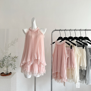 ifashion白云甜恋夏风情蕾丝挂脖无袖上衣女夏季雪纺套装两件套