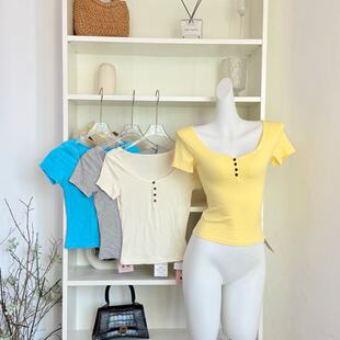 ifashion自制新款弹力坑条针织T恤女夏季修身显瘦V领短袖体恤上衣