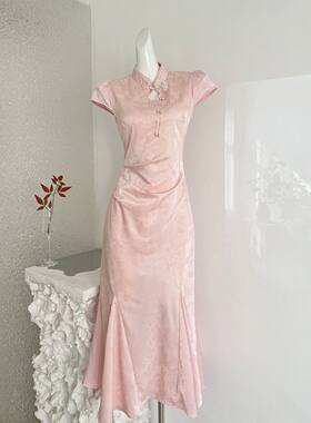 ifashion自制新款温柔新中式立领提花收腰轻国风旗袍鱼尾连衣裙