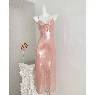 ifashion原创小众设计裸色香槟色亮片闪闪吊带小礼服女连衣裙生日