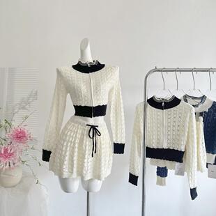 ifashion自制2026新款两色镂空扇形钩花毛衣外套+半裙套装女
