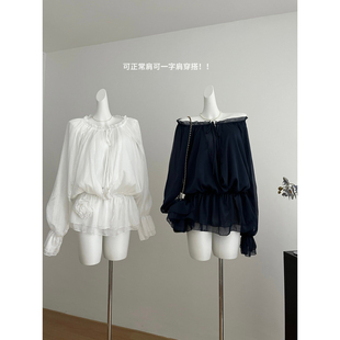 ifashion自制娇恣美人 花瓣层次抽绳雪纺衫女夏季一字肩网纱上衣