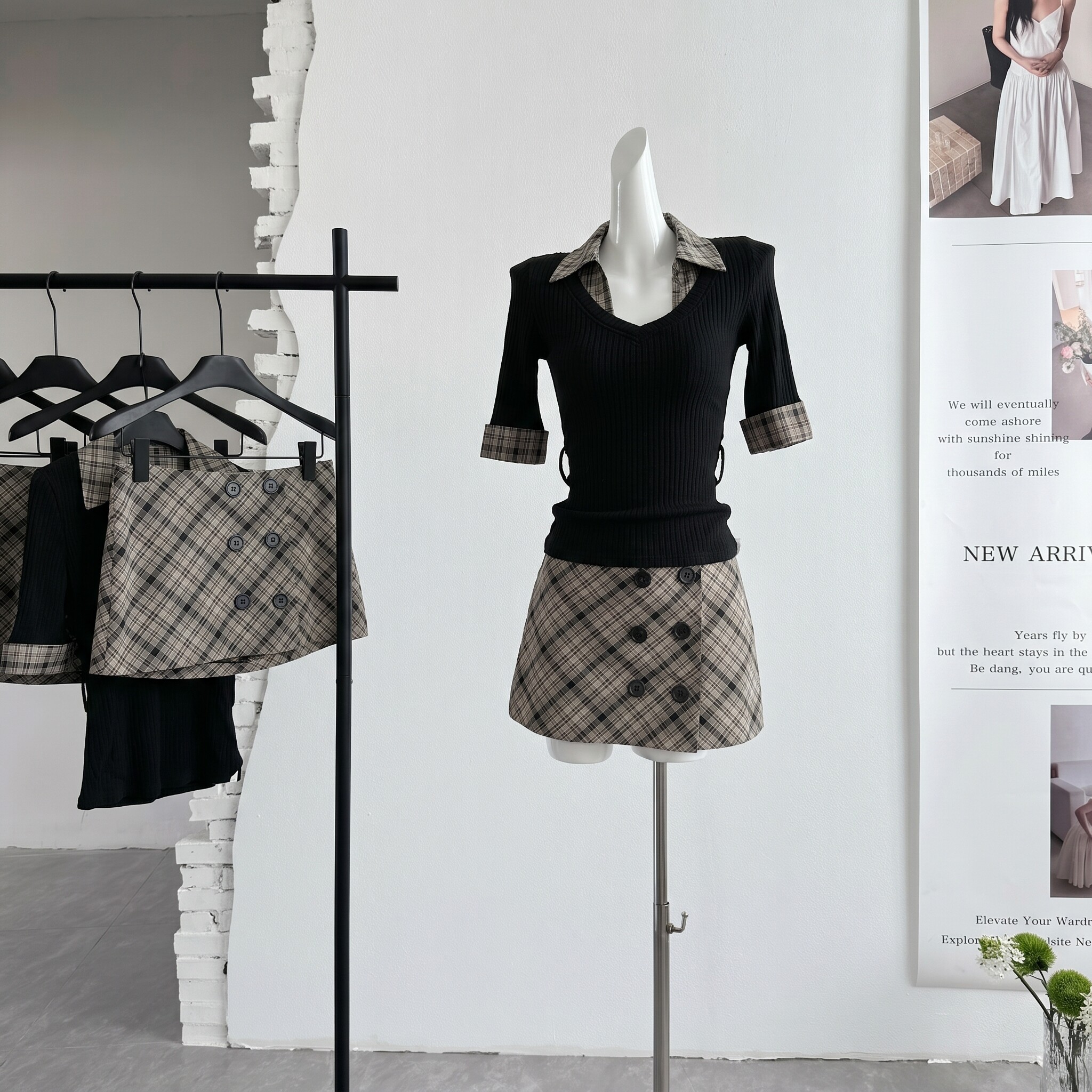 ifashion短袖t恤女2026新款夏穿搭黑色修身设计感针织假两件上衣图片