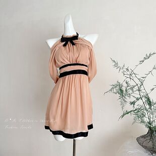 ifashion自制新款半高领挂脖蝴蝶结捏褶无袖收腰撞色连衣裙女