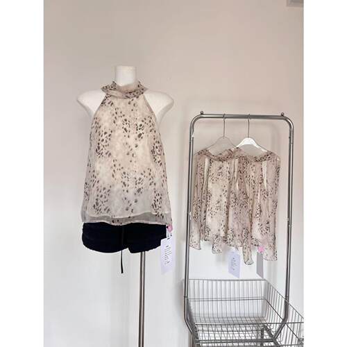 ifashion自制新款夏季复古豹纹柔光感系带飘逸显瘦挂脖纯欲上衣