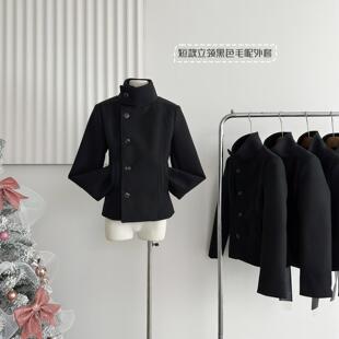 ifashion自制2026新款修身显瘦短款立领黑色毛呢外套上衣女冬