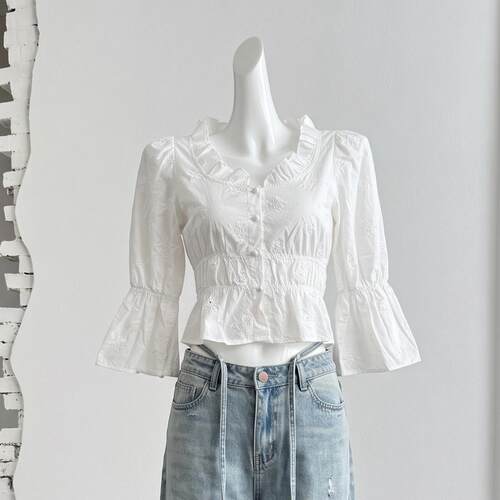 ifashion自制新款U领荷叶边泡泡袖短款小衫女夏独特别致减龄上衣