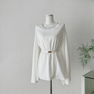 ifashion 夏季新款水钻圆领白色斗篷上衣女高级感外搭披肩含腰带