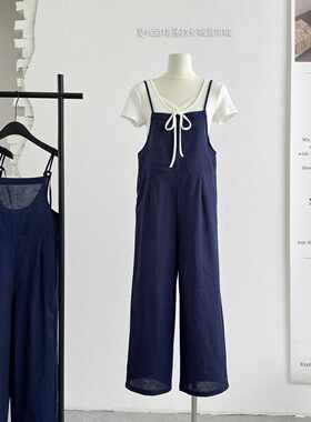 ifashion自制新款简约松弛感亚麻宽松收脚口后背绑带连体背带裤