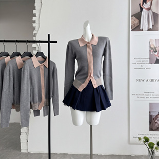 ifashion自制2026新款灰粉撞色POLO领短款针织开衫女春秋上衣