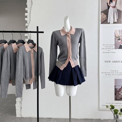 ifashion自制2026新款灰粉撞色POLO领短款针织开衫女春秋上衣