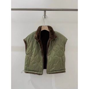 ifashion自制新款女装马甲棉衣仿水貂毛宽松短款正反两面穿马夹女