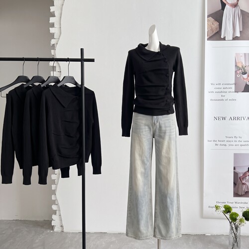 ifashion自制新款 暗黑系不对称纽扣设计 粗针工艺荡边翻领毛衣女