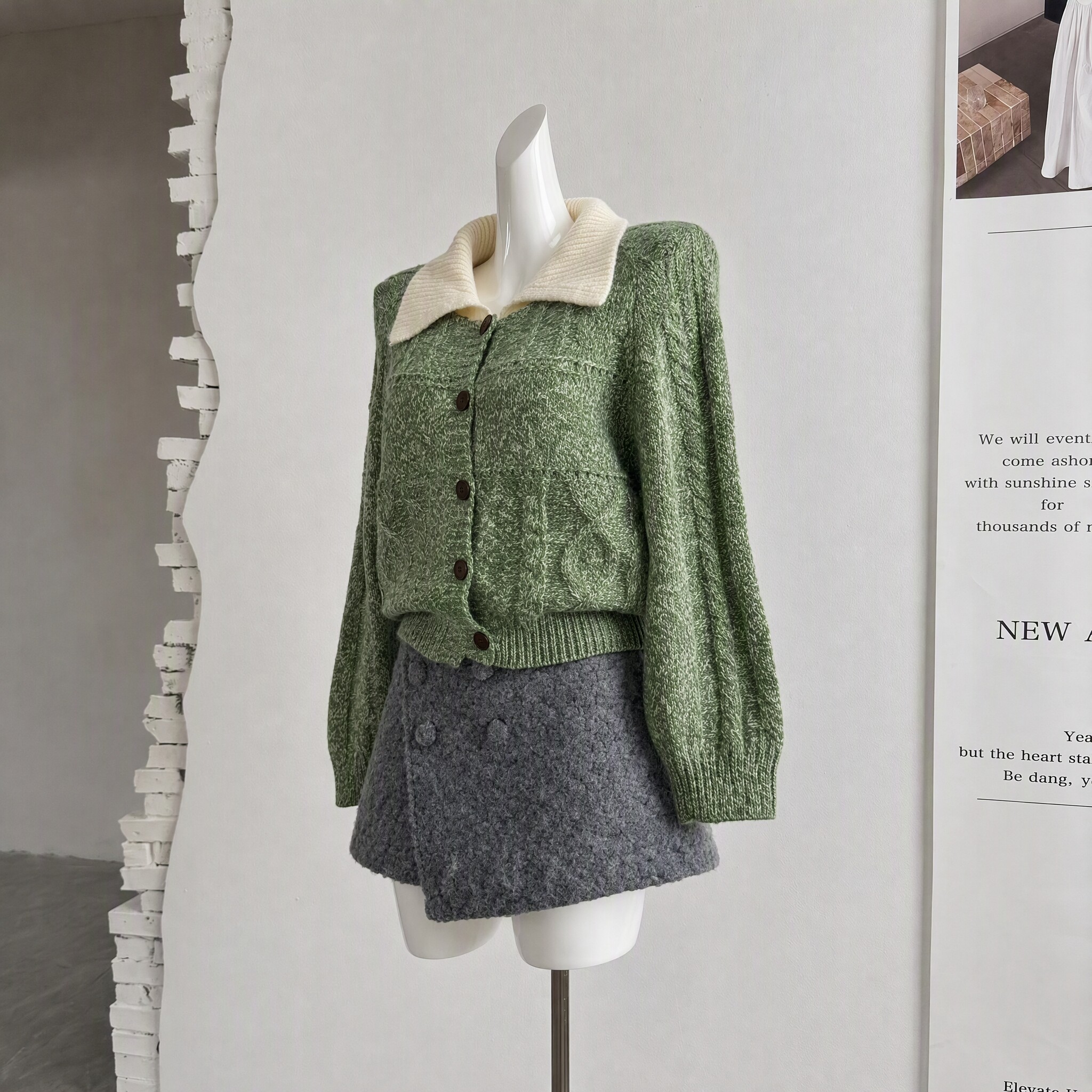 ifashion自制2026新款巨显白毛衣复古双纱绒羊毛绞花针织开衫图片