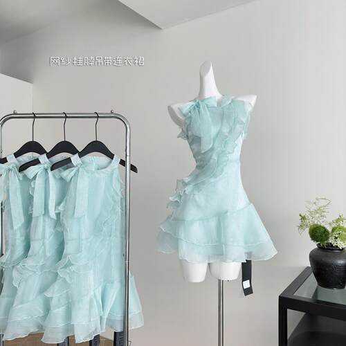 ifashion绿色中长款烫钻荷叶边网纱挂脖吊带连衣裙女夏季法式裙子