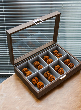 8格黑胡桃木色收纳盒 古风多格轻奢文玩核桃透明盖手串饰品首饰盒