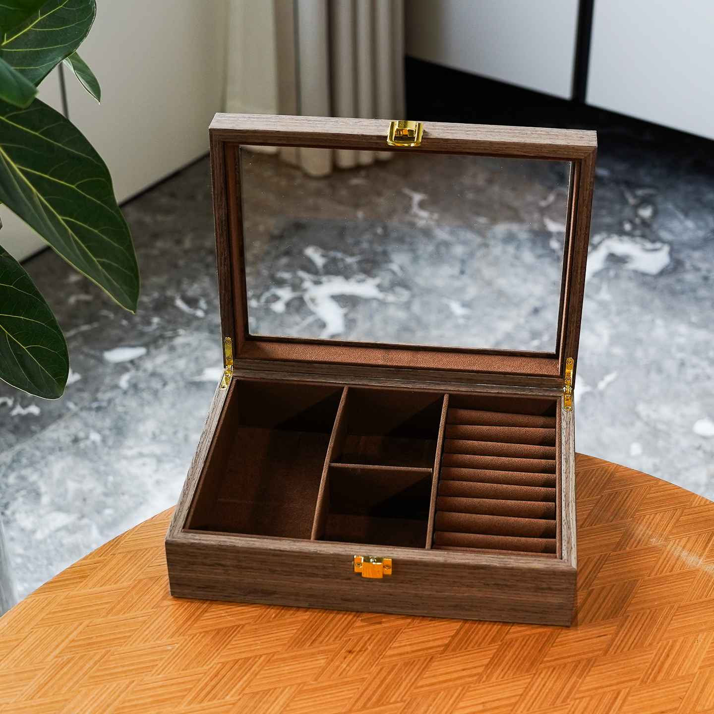 黑胡桃木纹多功能首饰收纳展示盒