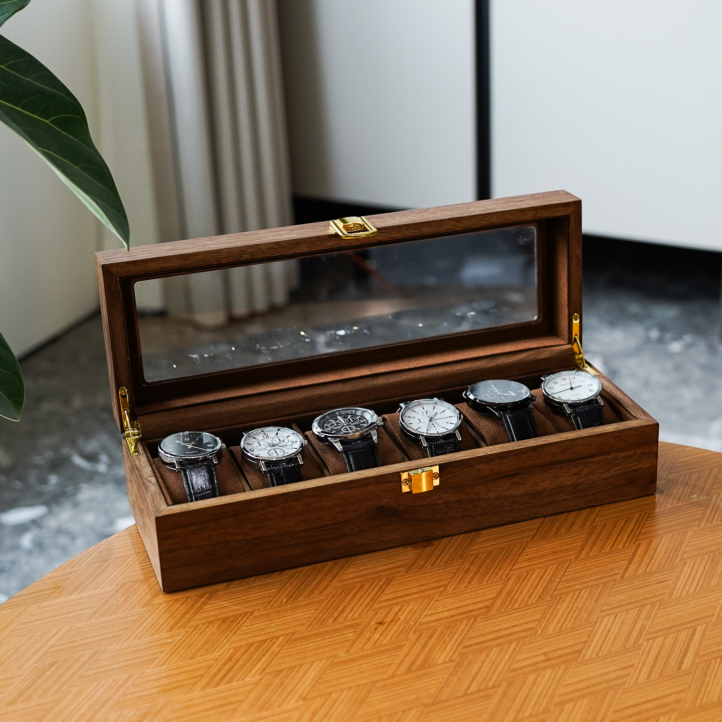 手表收纳盒 黑胡桃木纹咖色绒布6位腕表收藏展示箱礼品架防尘带盖