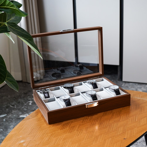 黑胡桃木纹灰绒大容量手表收纳盒